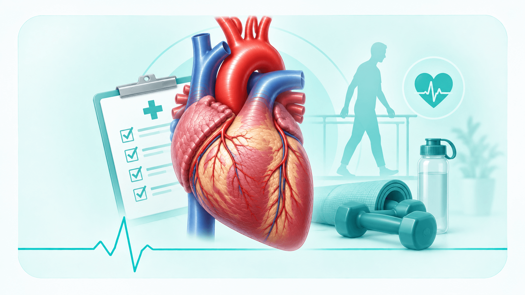 Illustration of a heart with a follow-up checklist alongside rehabilitation equipment and a patient walking with support