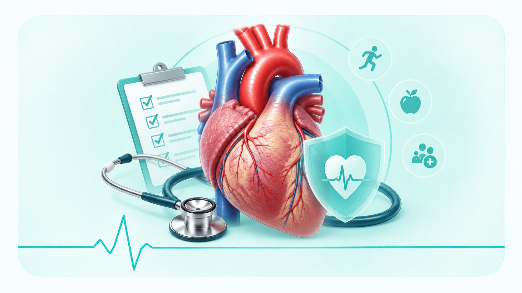 Illustration of a heart with a stethoscope, screening checklist and a protective shield carrying a pulse trace