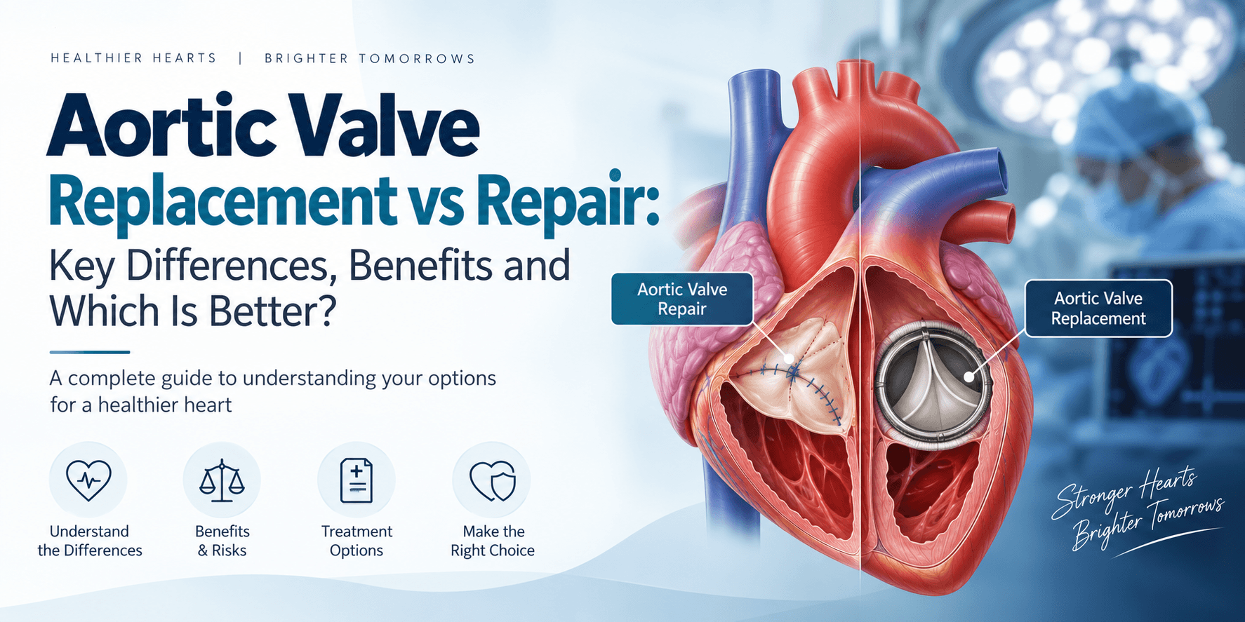 Aortic Valve Repair vs Replacement — a cutaway illustration of the heart and aortic valve